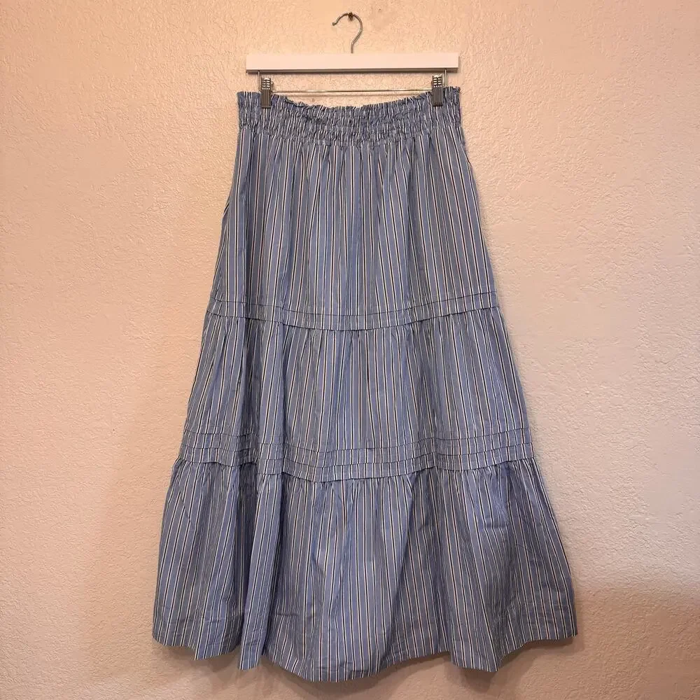 Quince 100% Organic Cotton Poplin Tiered Maxi Skirt Size Large Preppy Coastal